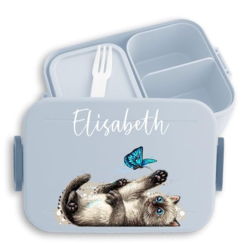 Kinder Bento Box Midi Lunchbox für Mepal Bentobox - Katzen - Verspielte Süße Katze Brotdose Cat I - 900 ml - Hellblau - name kindergarten dose mädchen katzenmotiv personalisierte jausenbox von Geschenk mit Namen personalisiert by Shirtracer