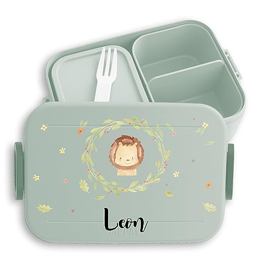 Kinder Bento Box Midi Lunchbox für Mepal Bentobox - Löwen - Süßer Löwe Lion Leo König der Tiere - 900 ml - Sage Grün - brotdose zum kindergarten name kinderbrotdosen personalisierte von Geschenk mit Namen personalisiert by Shirtracer