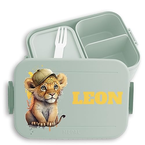 Kinder Bento Box Midi Lunchbox für Mepal Bentobox - Süßer Löwe Löwen Lion Leo - 900 ml - Sage Grün - brotdose kindergarten personalisierte name fuer kinderbrotdosen fächern kita krippe junge von Geschenk mit Namen personalisiert by Shirtracer