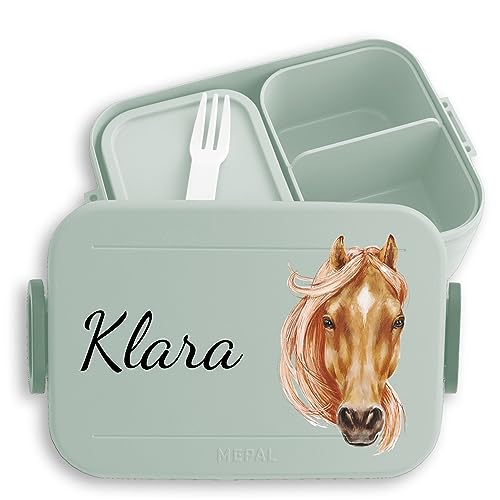 Kinder Bento Box Midi Lunchbox für Mepal Bentobox - Pferde - Pferdekopf Pferdemädchen Reiten Pferd - 900 ml - Sage Grün - pferdefreunde geschenke personalisierte brotdose von Geschenk mit Namen personalisiert by Shirtracer