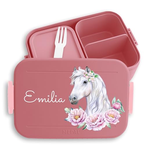 Kinder Bento Box Midi Lunchbox für Mepal Bentobox - Pferd Pferde - Pferdemädchen Geschenk Pferdekopf Mädchen - 900 ml - Rosa - personalisierte brotdosen brotdose horse brotbüchse schule maedchen von Geschenk mit Namen personalisiert by Shirtracer