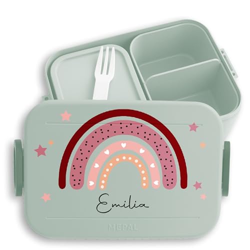 Kinder Bento Box Midi Lunchbox für Mepal Bentobox - Regenbogen Rainbow mit Namen - 900 ml - Sage Grün - name brotdose dielenfächern seinen drauf brotbox schule kindergarten jausenbox dose von Geschenk mit Namen personalisiert by Shirtracer