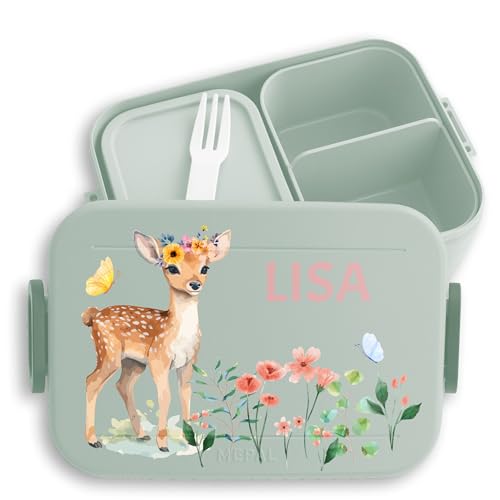 Kinder Bento Box Midi Lunchbox für Mepal Bentobox - Reh Rehkitz Rehe Rehgeweih - 900 ml - Sage Grün - brotdose kindergarten mädchen personalisierte brotdosen personalierte faechern von Geschenk mit Namen personalisiert by Shirtracer