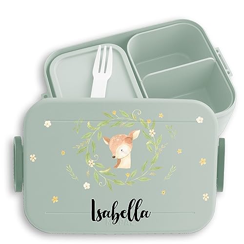 Kinder Bento Box Midi Lunchbox für Mepal Bentobox - Süßes Reh Rehkitz - 900 ml - Sage Grün - nepal brotbox brotdose kindergarten mädchen rehlein brotdosen personalisierte tiere fächern von Geschenk mit Namen personalisiert by Shirtracer