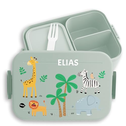 Kinder Bento Box Midi Lunchbox für Mepal Bentobox - Safari Tiere Zootiere Zoo Giraffe Zebra Löwe Elefant - 900 ml - Sage Grün - giraffen geschenke jausenbox tieren tier bento-lunchbox waldtiere von Geschenk mit Namen personalisiert by Shirtracer