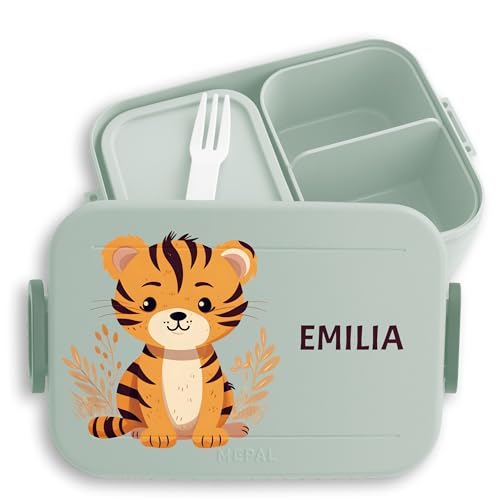 Kinder Bento Box Midi Lunchbox für Mepal Bentobox - Süße Wildtiere Tiger - 900 ml - Sage Grün - brotdose zootiere brotdosen personalisierte brotbox essen lunchdose fächern personalierte von Geschenk mit Namen personalisiert by Shirtracer