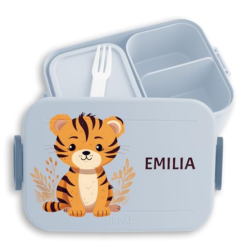 Kinder Bento Box Midi Lunchbox für Mepal Bentobox - Süße Wildtiere Tiger - 900 ml - Hellblau - brotdose zootiere brotdosen personalisierte brotbox essen lunchdose fächern personalierte von Geschenk mit Namen personalisiert by Shirtracer
