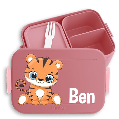 Kinder Bento Box Midi Lunchbox für Mepal Bentobox - Tiger süß Tigermotiv Großkatze Raubtier - 900 ml - Rosa - zootiere brotdose fächern von Geschenk mit Namen personalisiert by Shirtracer