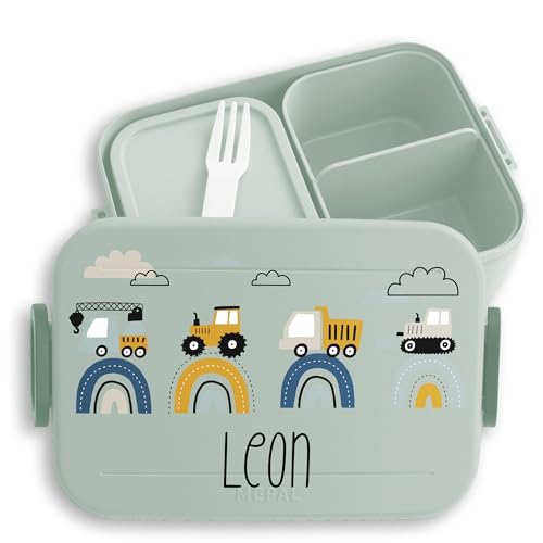 Kinder Bento Box Midi Lunchbox für Mepal Bentobox - Baustelle Bagger Traktor LKW Kipper Planierraupe Kran - 900 ml - Sage Grün - brotdose kindergarten kita brotbox trecker traktoren und name von Geschenk mit Namen personalisiert by Shirtracer