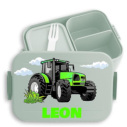 Kinder Bento Box Midi Lunchbox für Mepal Bentobox - Traktor Schlepper Zugmaschine Trecker - 900 ml - Sage Grün - beste brotdose kita traktoren vesperbox brotzeitbox kindergarten von Geschenk mit Namen personalisiert by Shirtracer