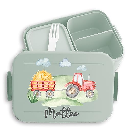 Kinder Bento Box Midi Lunchbox für Mepal Bentobox - Traktor Trecker Bulldog Schlepper Landwirtschaft - 900 ml - Sage Grün - beste brotdose kita und vesperbox brotzeitbox kindergarten traktorfans von Geschenk mit Namen personalisiert by Shirtracer