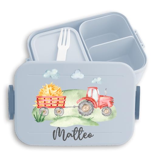 Kinder Bento Box Midi Lunchbox für Mepal Bentobox - Traktor Trecker Bulldog Schlepper Landwirtschaft - 900 ml - Hellblau - personalisierte brotdose traktoren brotzeitbox kindergarten kita brotbox von Geschenk mit Namen personalisiert by Shirtracer