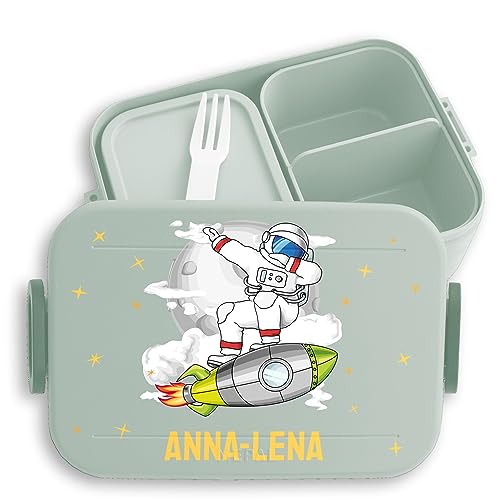 Kinder Bento Box Midi Lunchbox für Mepal Bentobox - Weltall - Astronaut Dabbing Rakete Weltraum Raumfahrer Universum - 900 ml - Sage Grün - space brotdose name personalierte nasa raumschiff von Geschenk mit Namen personalisiert by Shirtracer