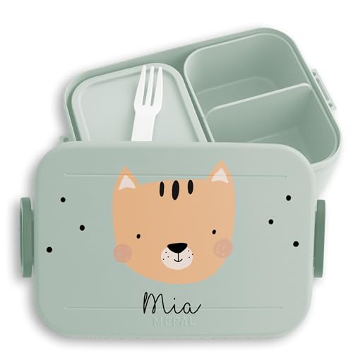 Kinder Bento Box Midi Lunchbox für Mepal Bentobox - Boho Katze Katzen Cat Cats - 900 ml - Sage Grün - brotdose name und vesperdose personalierte with dose katzenmotiv brotzeitdose fächern von Geschenk mit Namen personalisiert by Shirtracer