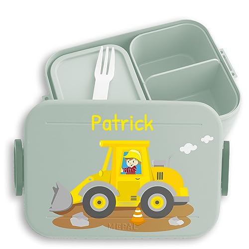 Kinder Bento Box Midi Lunchbox für Mepal Bentobox - Baustellenfahrzeug Bagger Radlader - 900 ml - Sage Grün - brotdose personalisierte brotdosen baustellenfahrzeuge brotbox von Geschenk mit Namen personalisiert by Shirtracer