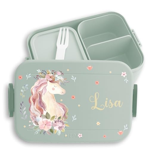 Kinder Bento Box Midi Lunchbox für Mepal Bentobox - Einhorn Geschenk Mädchen Schule Kindergarten mit Name - 900 ml - Sage Grün - personalisierte brotdose brotbox unicorn brotzeitdose von Geschenk mit Namen personalisiert by Shirtracer