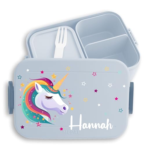 Kinder Bento Box Midi Lunchbox für Mepal Bentobox - Einhorn Unicorn Fabelwesen - 900 ml - Hellblau - jausenbox mädchen unicorns personalisierte brotdose name und brotbox fächern vesperdose von Geschenk mit Namen personalisiert by Shirtracer