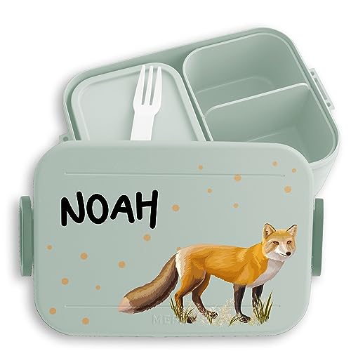 Kinder Bento Box Midi Lunchbox für Mepal Bentobox - Fuchs Fox Füchsin Fuchsmotiv - 900 ml - Sage Grün - personalierte waldtiere brotdose kind personalisierte füchse name junge von Geschenk mit Namen personalisiert by Shirtracer