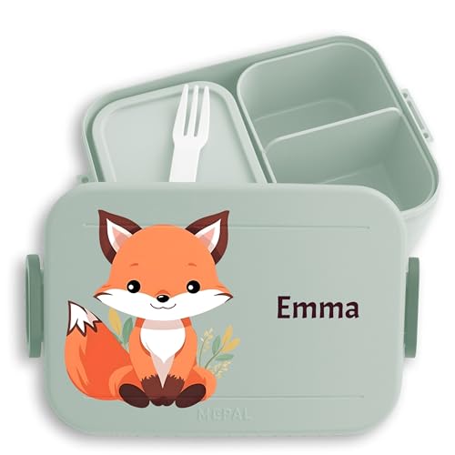 Kinder Bento Box Midi für Mepal Bentobox - Brotbox süßer Fuchs Lunchbox Wildtiere Vesperdose Raubtier I - 900 ml - Sage Grün - brotbüchse krippe brotdose fuchsmotiv name jausenbox pausenbox von Geschenk mit Namen personalisiert by Shirtracer