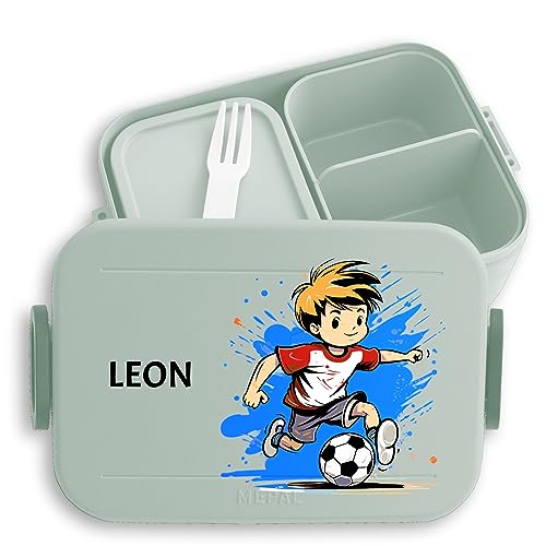 Kinder Bento Box Midi Lunchbox für Mepal Bentobox - Fußballer Junge Fußball Geschenk Name - 900 ml - Sage Grün - brotdose fussball jungs fußballfan brotzeitdose kindergarten von Geschenk mit Namen personalisiert by Shirtracer