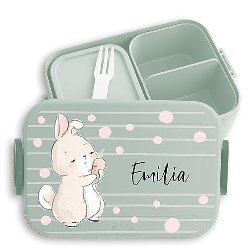 Kinder Bento Box Midi für Mepal Bentobox - Hasen - Brotbox Hase Lunchbox Rabbit I Bunny - 900 ml - Sage Grün - brotdose hasenmotiv jausenbox mädchen schule tiere name kindergarten geschenke von Geschenk mit Namen personalisiert by Shirtracer