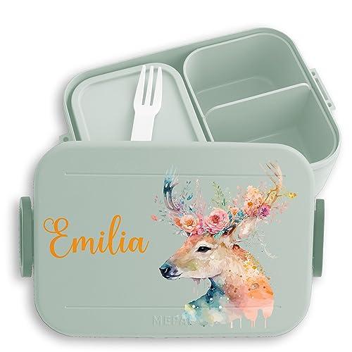 Kinder Bento Box Midi Lunchbox für Mepal Bentobox - Hirsch Geweihträger Geweih Hirsche Hirschmotiv - 900 ml - Sage Grün - waldtiere blumen waldtieren von Geschenk mit Namen personalisiert by Shirtracer