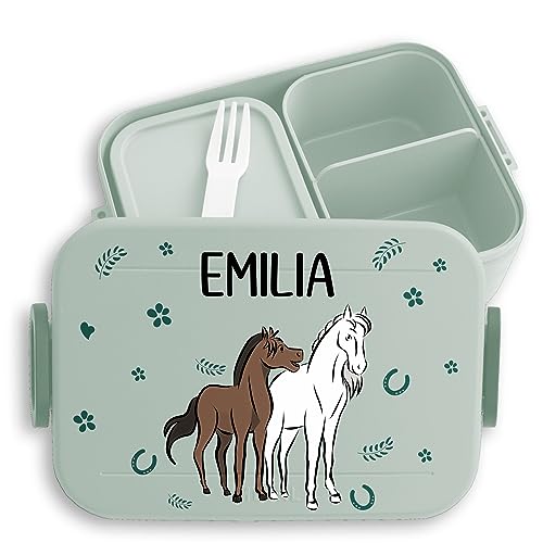 Kinder Bento Box Midi Lunchbox für Mepal Bentobox - Pferd Pferde Reiten Mädchen - 900 ml - Sage Grün - personalisierte brotdosen brotdose geschenke reiter znünibox kind name pferdefreunde von Geschenk mit Namen personalisiert by Shirtracer