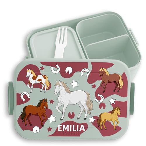 Kinder Bento Box Midi Lunchbox für Mepal Bentobox - Pferd - Pferde Pferdemotiv Pferdemädchen - 900 ml - Sage Grün - personalisierte brotdosen brotdose mädchen schule reiter brotbüchse von Geschenk mit Namen personalisiert by Shirtracer