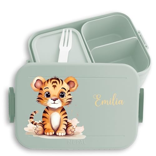 Kinder Bento Box Midi Lunchbox für Mepal Bentobox - Zootiere - Tiger - 900 ml - Sage Grün - brotdose bento-lunchbox lunch von Geschenk mit Namen personalisiert by Shirtracer