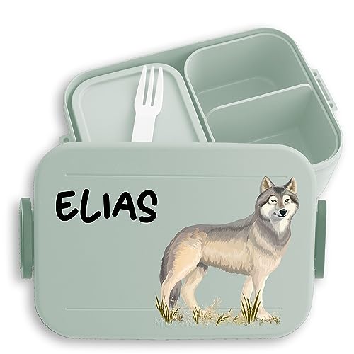 Kinder Bento Box Midi Lunchbox für Mepal Bentobox - Wolf Wolfsmotiv Raubtier Wölfe - 900 ml - Sage Grün - brotdose von Geschenk mit Namen personalisiert by Shirtracer