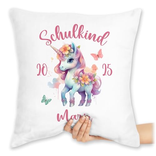 Kissen 40x40 Zierkissen - Einschulung - Schulkind 2024 Einhorn Unicorn - 40 x 40 cm - Weiß - schulanfang schulanfänger 1. schultag schul schule 1.schultag schulkinder einschulungs schuleinführung von Geschenk mit Namen personalisiert by Shirtracer