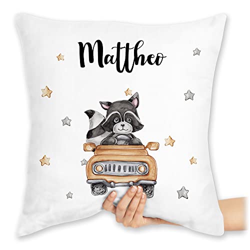 Kissen 40x40 Zierkissen - Tiere - Süßer Waschbär Rennfahrer Motiv Baby - 40 x 40 cm - Weiß - Tier personalisierte Geschenke waschbären Tieren Personalisieren Dino kleine Name Tiger und von Geschenk mit Namen personalisiert by Shirtracer