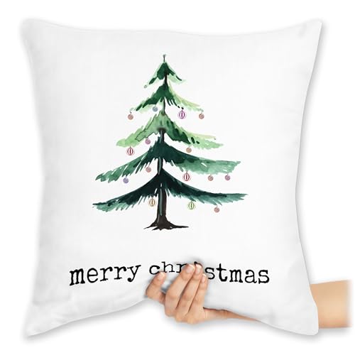 Kissen 40x40 Zierkissen - Weihnachtskissen Geschenke - Merry Christmas Aquarell Baum Wunschtext - 40 x 40 cm - Weiß - personalisierte Weihnachten weihnachtliches weihnacht Weihnachts weihnachtliche von Geschenk mit Namen personalisiert by Shirtracer