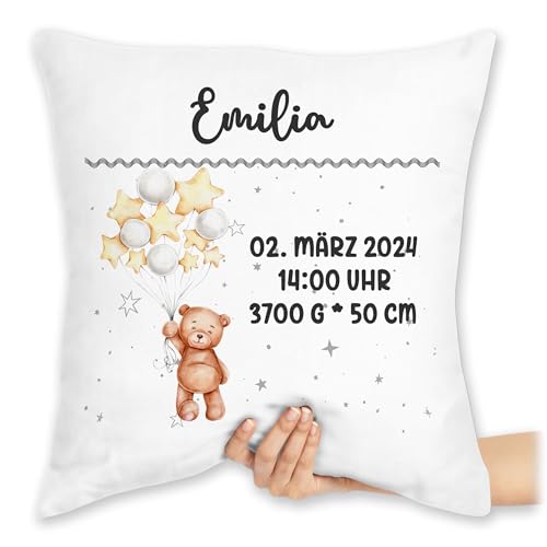 Kissen 40x40 Zierkissen - Zur Geburt - Geburtsgeschenk Teddy Bär Datum Uhrzeit Gewicht Größe - 40 x 40 cm - Weiß - personalisierte Babygeschenk neugeboren personalierste Geschenke Baby von Geschenk mit Namen personalisiert by Shirtracer