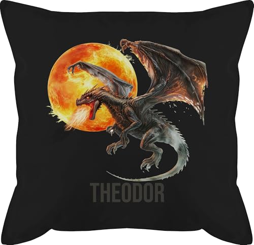 Kissen 50x50 - Feuerdrache mit Name | Drachenmotiv | Drache | Drachenliebhaber - 50 x 50 cm - Schwarz - Drachen Dragon Pillows Dragons und kopfkissen personalisierte Kinder Bedrucken Drauf von Geschenk mit Namen personalisiert by Shirtracer