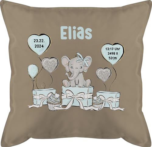 Kissen 50x50 - Baby Geschenk zur Geburt Jungen Elefant personalisiert Name Geburtsdaten Taufe - 50 x 50 cm - Beige - personalisiertes Geburtsgeschenk personalisierte personalisierter neugeborenes von Geschenk mit Namen personalisiert by Shirtracer