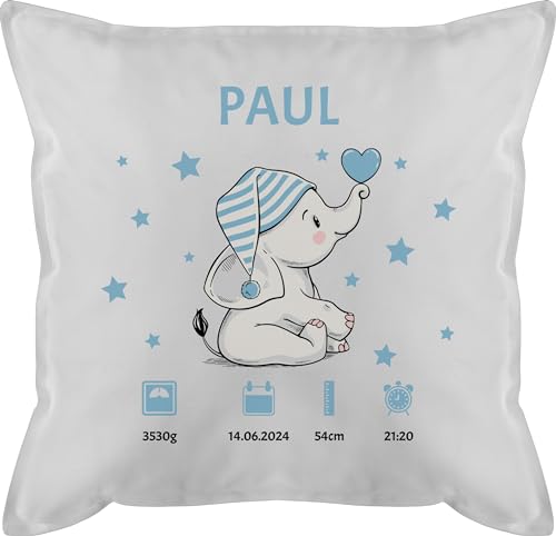 Kissen 50x50 - Elefant Geburtsdaten Geschenk zur Geburt - 50 x 50 cm - Weiß - Geburtsgeschenk geburtskissen personalisierte Baby Neugeborene füllung personalisiertes für neugeboren fuellung Junge von Geschenk mit Namen personalisiert by Shirtracer