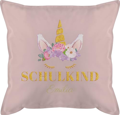 Kissen 50x50 - Einschulung - Einhorn Kopf Blumen - 50 x 50 cm - Hellrosa - ersten Schultag schulstarter 1 klasse einschulungs personalisierte Geschenke schulanfänger Schulkind Name von Geschenk mit Namen personalisiert by Shirtracer