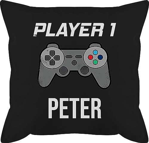 Kissen 50x50 - Gaming - Player 1 Controller Spieler Eins Zocker Gamer Daddeln Partner Partnerin Geschenk - 50 x 50 cm - Schwarz - für zocken kuschel Game Name Couch Sofa von Geschenk mit Namen personalisiert by Shirtracer