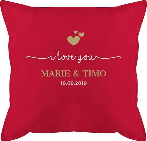 Kissen 50x50 - Partner Ideen - I Love You mit Namen Datum - 50 x 50 cm - Rot - Alles Liebe zum Valentinstag kissenhülle ich Dich personalisierte Geschenke pärchen valendienstagsgeschenk füllung von Geschenk mit Namen personalisiert by Shirtracer