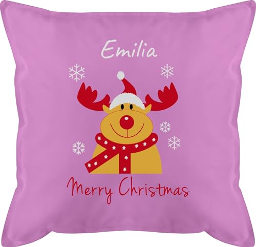 Kissen 50x50 - Weihnachtskissen Geschenke - Merry Christmas Rentier mit Wunschname - 50 x 50 cm - Pink - personalisiertes Weihnachts füllung weihnachtliche personalisierte Weihnachten Weinachten von Geschenk mit Namen personalisiert by Shirtracer