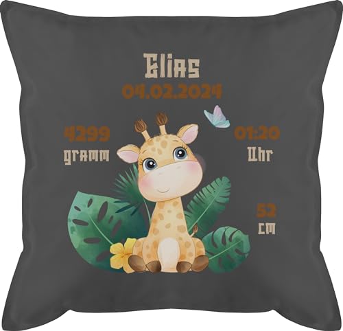 Kissen 50x50 - Zur Geburt - Geburtsgeschenk Giraffe Datum Gewicht Uhrzeit Größe - 50 x 50 cm - Grau - personalisierte Geschenke Baby fuellung Kissen+Geburt personalisierter neugeborenes von Geschenk mit Namen personalisiert by Shirtracer