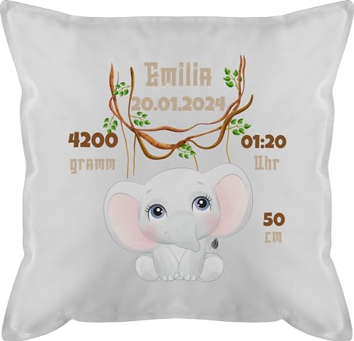 Kissen 50x50 - Zur Geburt - Geburtsgeschenk Elefant Datum Gewicht Uhrzeit Größe - 50 x 50 cm - Weiß - personalisiertes geburtskissen personalisierte Baby Elefanten männerkissen Junge von Geschenk mit Namen personalisiert by Shirtracer