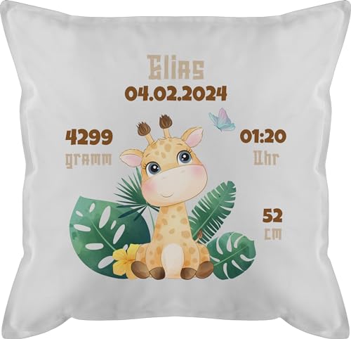 Kissen 50x50 - Zur Geburt - Geburtsgeschenk Giraffe Datum Gewicht Uhrzeit Größe - 50 x 50 cm - Weiß - geburtskissen personalisierte Baby Giraffen Kissenbezug für Neugeborene neugeboren füllung von Geschenk mit Namen personalisiert by Shirtracer