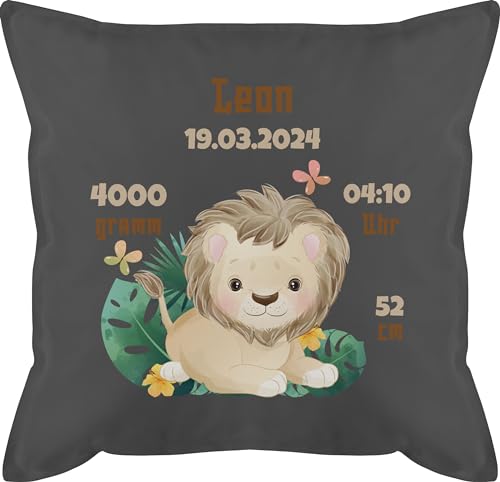 Kissen 50x50 - Zur Geburt - Geburtsgeschenk Löwe Datum Gewicht Uhrzeit Größe - 50 x 50 cm - Grau - personalisierte Geschenke Baby füllung Kissen+Geburt personalisierter neugeborenes fuellung von Geschenk mit Namen personalisiert by Shirtracer