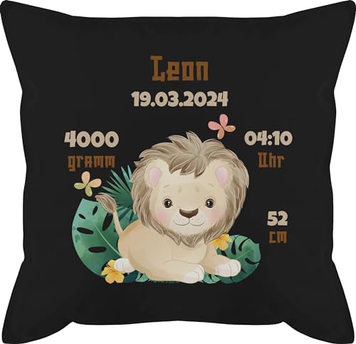 Kissen 50x50 - Zur Geburt - Geburtsgeschenk Löwe Datum Gewicht Uhrzeit Größe - 50 x 50 cm - Schwarz - Kissenbezug personalisiertes geburtskissen Baby personalisierte Geschenke füllung neugeboren von Geschenk mit Namen personalisiert by Shirtracer