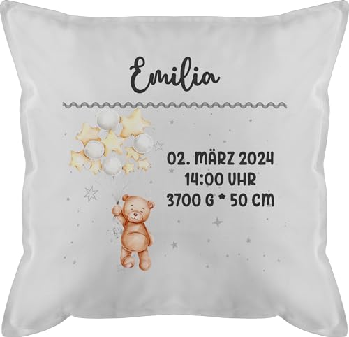 Kissen 50x50 - Zur Geburt - Geburtsgeschenk Teddy Bär Datum Uhrzeit Gewicht Größe - 50 x 50 cm - Weiß - Baby Neugeborene geburtskissen neugeboren Kissenbezug für personalisierter neugeborenes von Geschenk mit Namen personalisiert by Shirtracer