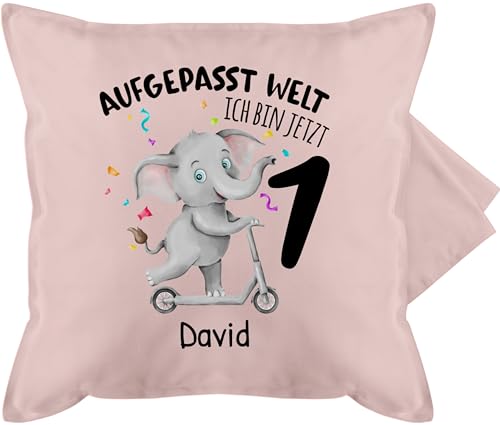 Kissenbezug - 1. Geburtstag Kissen - Ich Bin jetzt 1 - Aufgepasst Welt - 50 x 50 cm - Hellrosa - Baby+personalisierte+Geschenke Jahr one Birthday eins zum 1.Geburtstag Schon 1st Baby 1ter Pass auf von Geschenk mit Namen personalisiert by Shirtracer