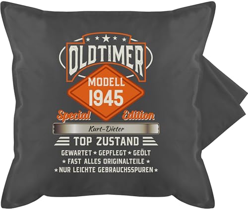 Kissenbezug - 80. Geburtstag Kissen - Oldtimer Special Vintage 1945 - Name - Retro Look zum Achtzigsten - 50 x 50 cm - Grau - 80 aufdruck achtzigster 1943 80.geburtstag 1944 80er geschenke jahre von Geschenk mit Namen personalisiert by Shirtracer