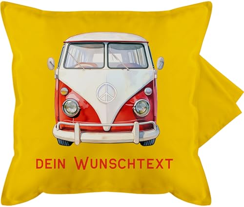 Kissenbezug - Camping - Retrobus Geschenk Campingbus Geschenkideen Oldtimer Van Geschenk Campingfreunde Geschenke Camperbus mit Wunschtext I - 50 x 50 cm - Gelb - für campingfreund Kissen Camper von Geschenk mit Namen personalisiert by Shirtracer